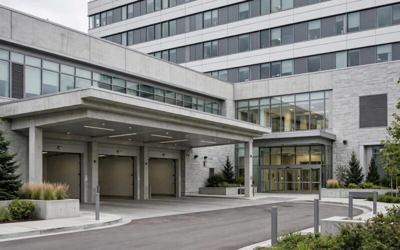 A hospital building entrance with an ambulance bay.