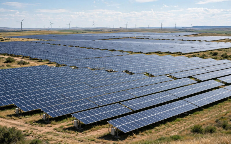 A solar panel farm with wind turbines under a bright sky.