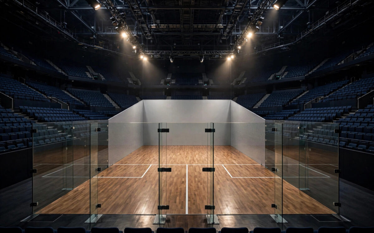 An empty glass-walled squash court inside a large arena with tiered spectator seating and bright spotlights.