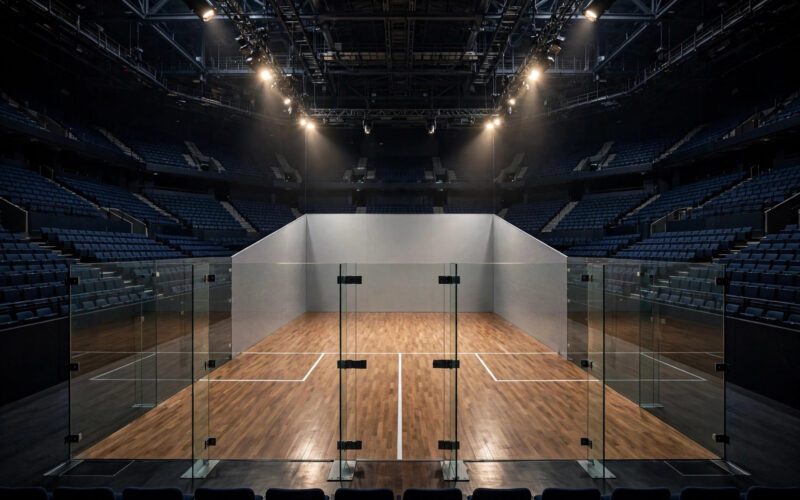 An empty glass-walled squash court inside a large arena with tiered spectator seating and bright spotlights.