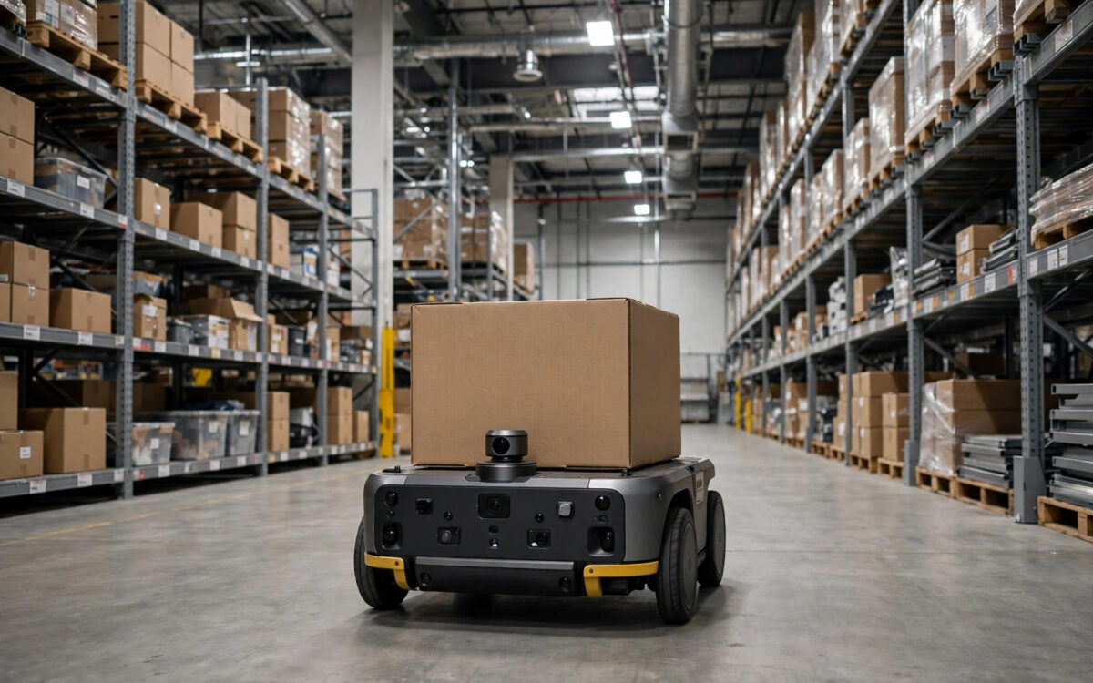 An autonomous mobile robot carrying a crate in a warehouse.