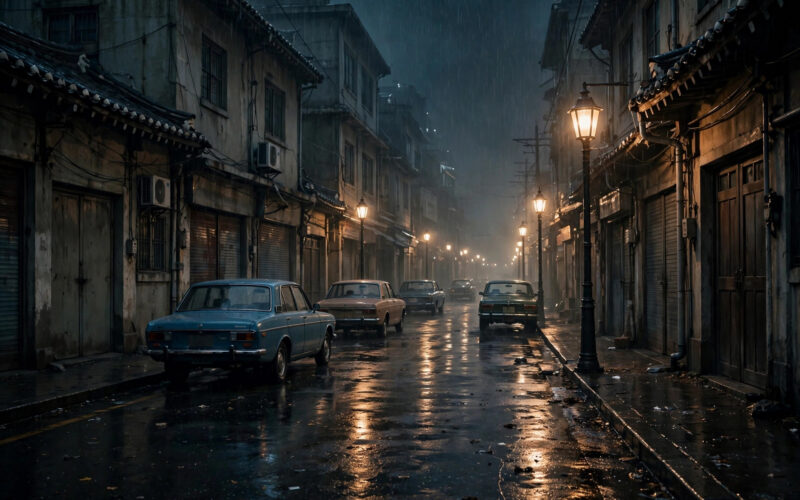 A moody 1970s Seoul street at night with vintage cars and street lamps.
