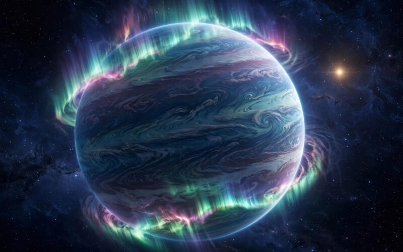 A gas giant exoplanet glowing with auroras.