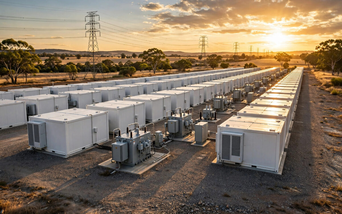 Rows of white battery storage containers and transformers at a grid-scale battery facility in rural New South Wales under a golden-hour sky.