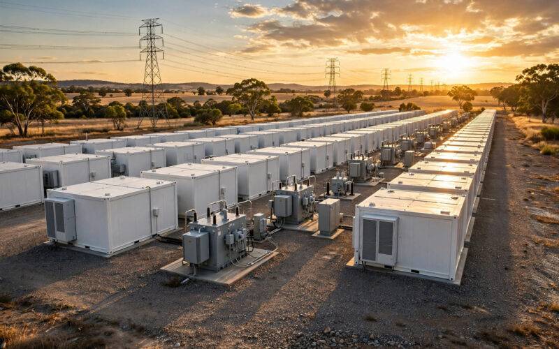 Rows of white battery storage containers and transformers at a grid-scale battery facility in rural New South Wales under a golden-hour sky.