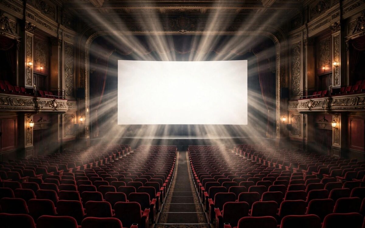 Cinema audience seating facing a glowing screen
