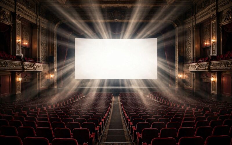 Cinema audience seating facing a glowing screen