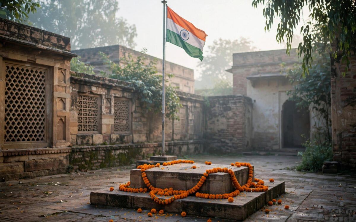 A quiet memorial courtyard at dawn with the Indian tricolour flying from a tall flagpole and marigold garlands around a stone plinth.