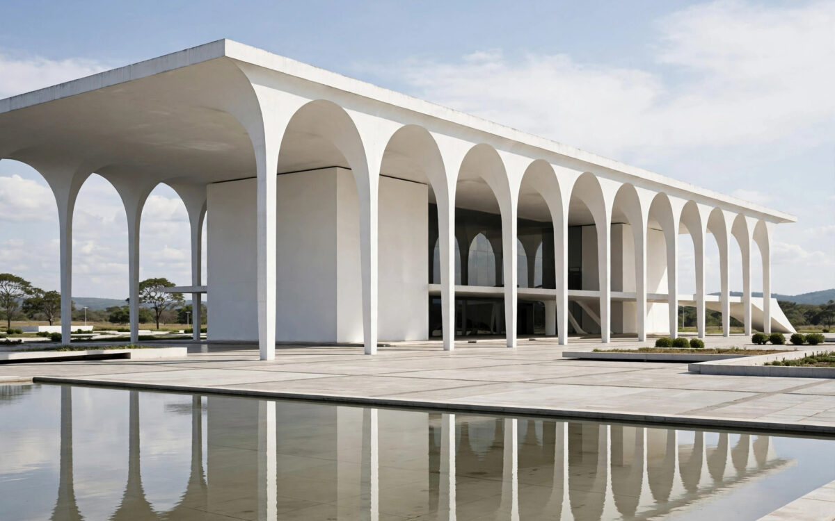 A modernist white government building with concrete arches under a bright sky, plaza empty.