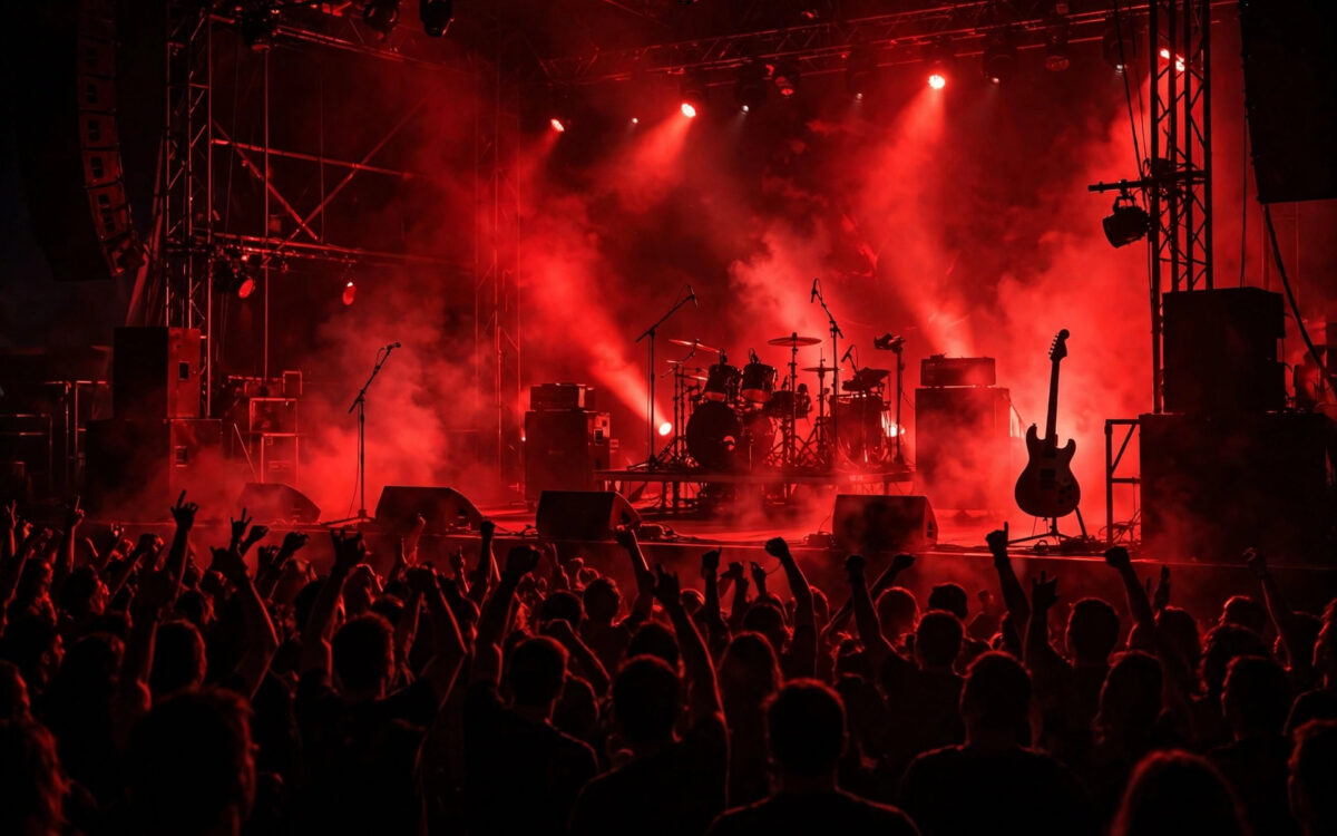 Rock concert stage with dramatic lighting, silhouetted guitar and cheering crowd