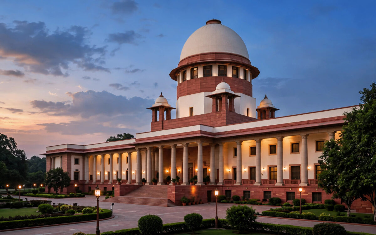 The Supreme Court of India building facade with its tall columns, no people