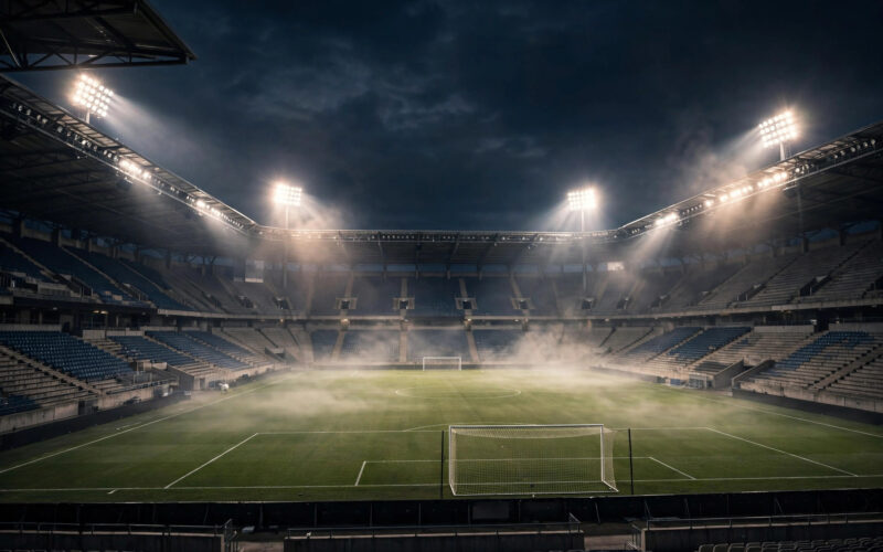 A floodlit football stadium with an empty pitch at night.