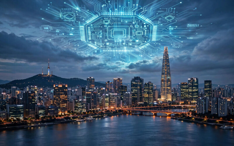 Seoul city skyline at dusk with a glowing microchip motif
