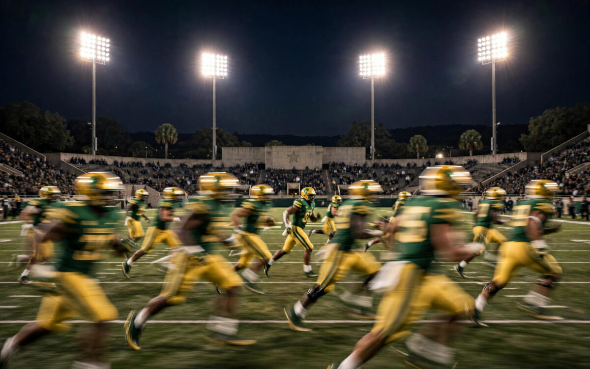A college football stadium at night with players in green and gold uniforms in motion on the field.