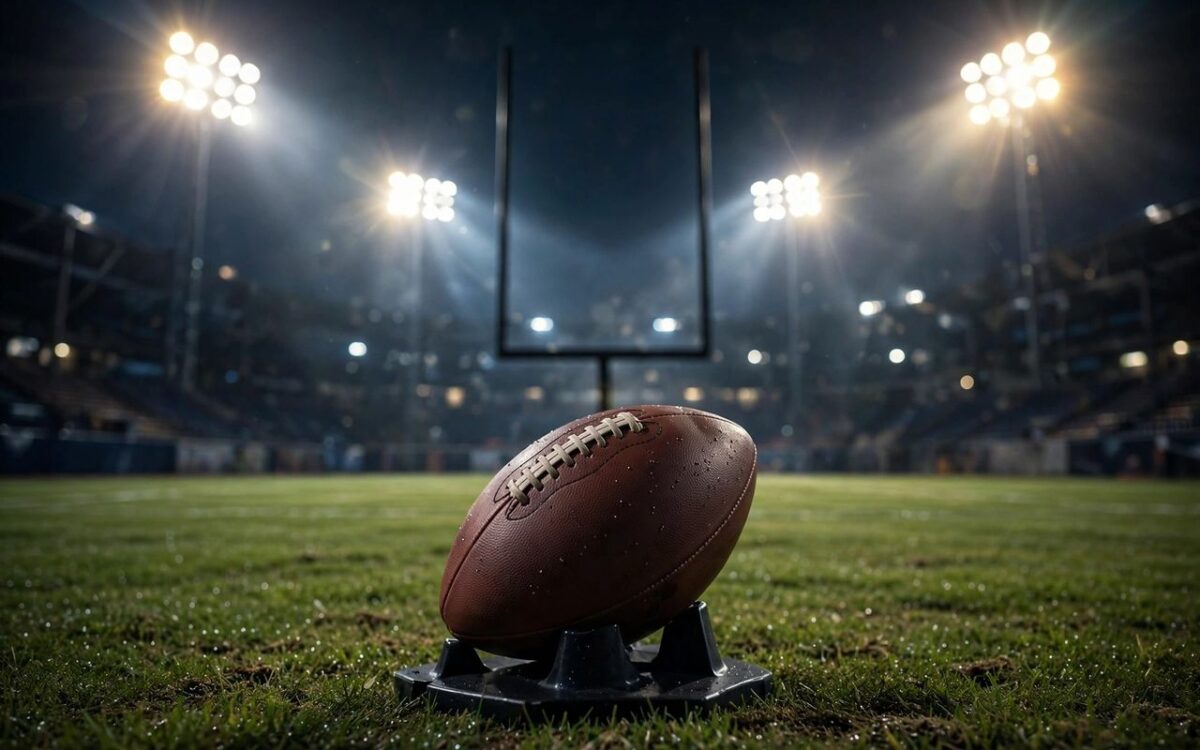 American football kicker striking a field goal under stadium lights at night