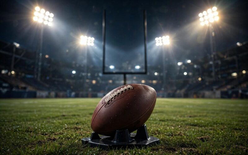 American football kicker striking a field goal under stadium lights at night