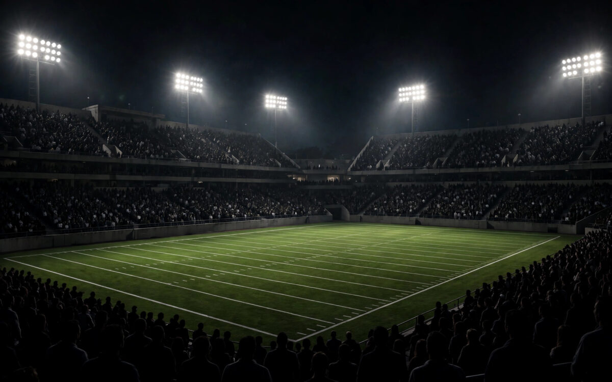 A floodlit American football stadium at night with an empty field under bright lights.
