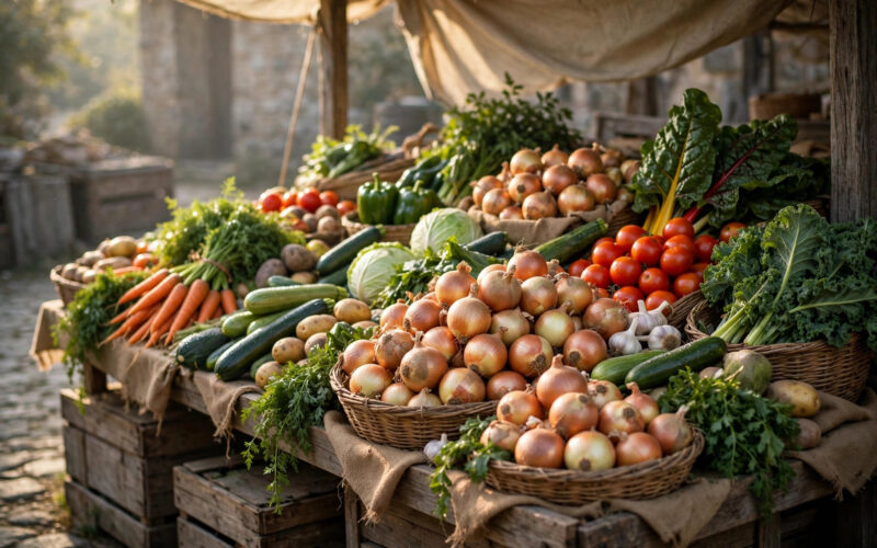 A market stall piled with onions and vegetables.