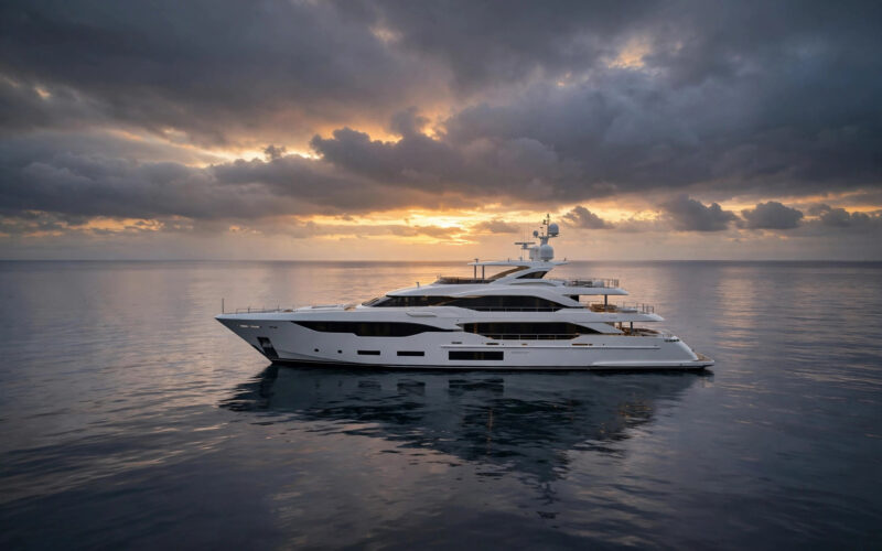 A luxury yacht sailing on calm open water at sunset, evoking the nautical thriller setting of the 'Day Drinker' film teaser.