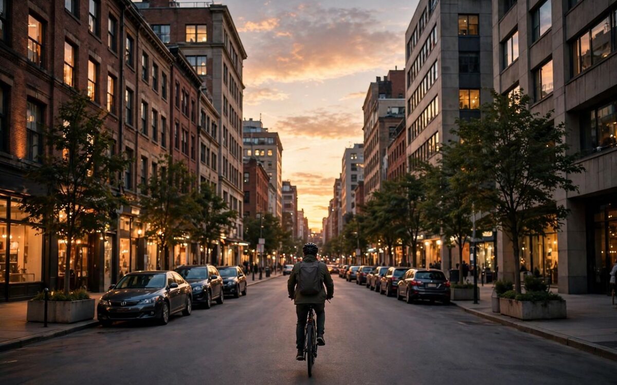 Food delivery courier with a backpack cycling on a city street at dusk