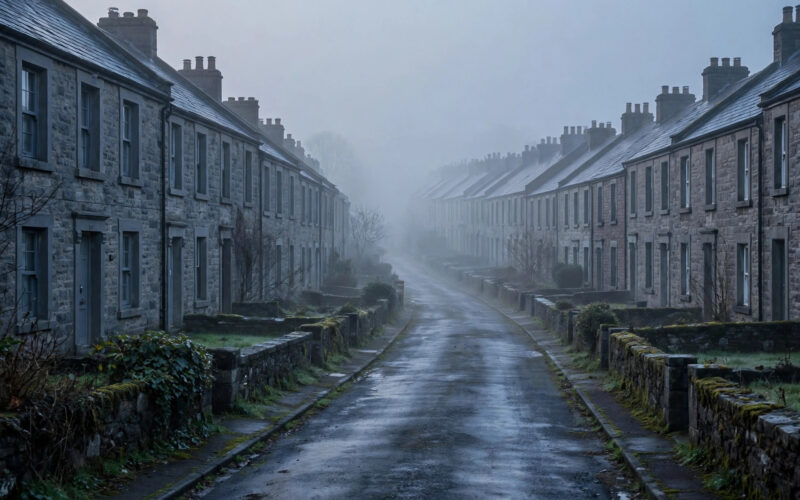 An empty misty residential street in Northern Ireland at dawn, quiet and still.