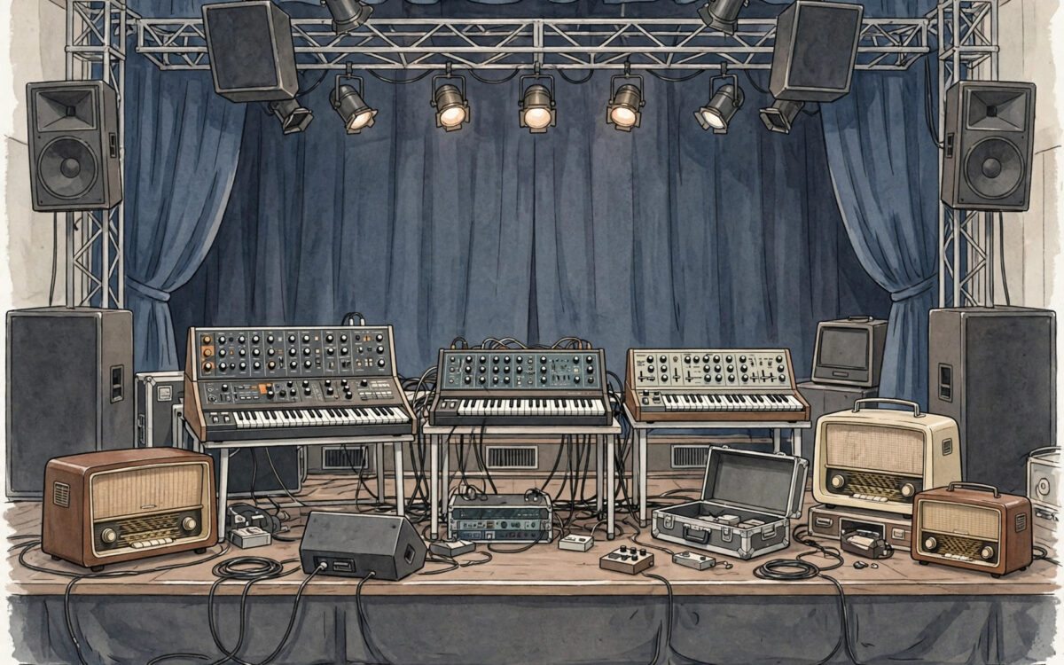 Illustration of a synth-pop concert stage with keyboards and retro radios
