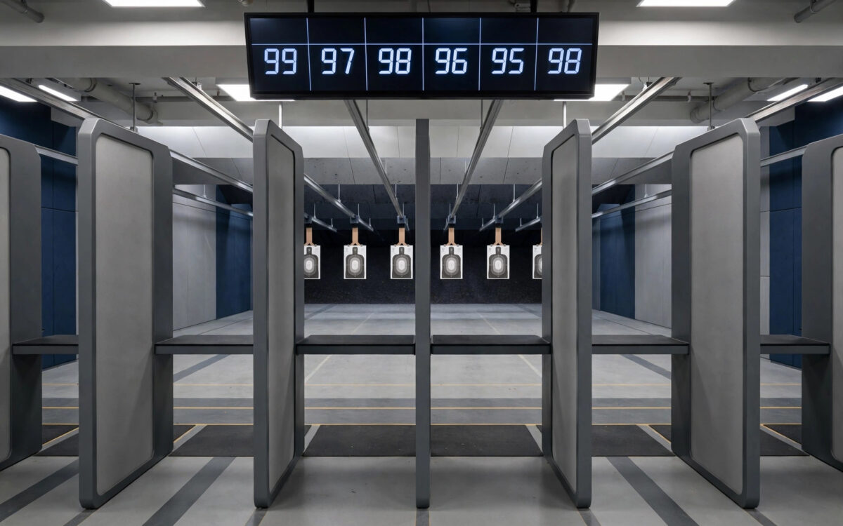 An empty indoor pistol shooting range with a row of lanes and targets downrange under bright even lighting.