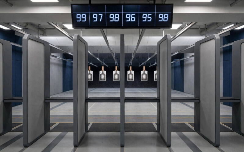An empty indoor pistol shooting range with a row of lanes and targets downrange under bright even lighting.