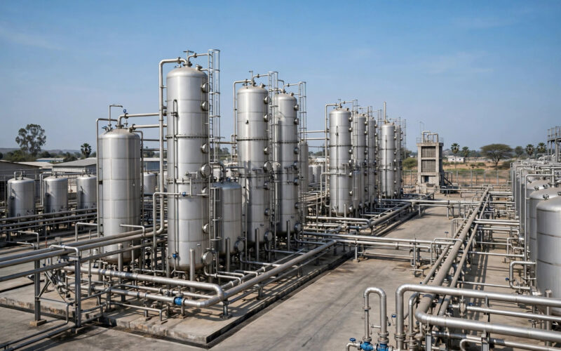 Rows of tall stainless-steel distillation tanks and pipes at an ethanol production plant in India under a clear blue sky.