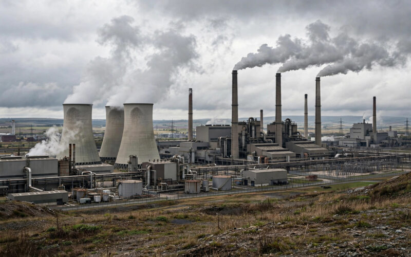 An industrial complex with factory chimneys under a cloudy sky.