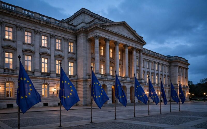 European Union flags flying outside EU headquarters symbolizing sanctions announcement