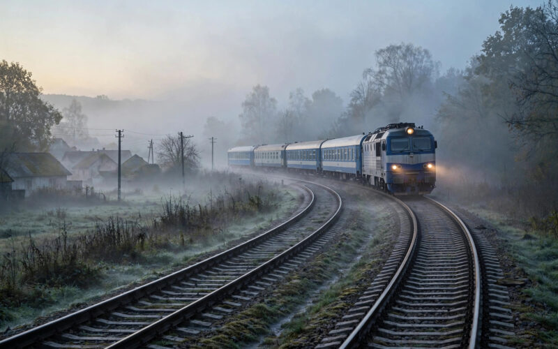 A passenger train on railway tracks in Eastern Europe at dawn.