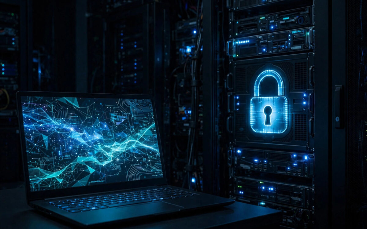 A laptop screen glowing with code in a dark room beside a locked server rack.