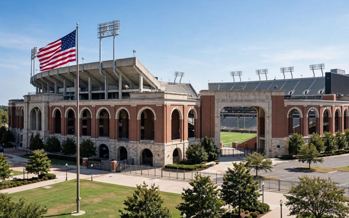 College football stadium exterior in daylight