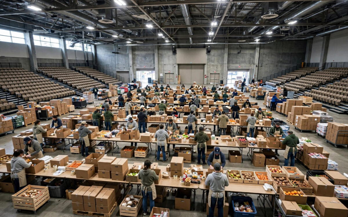 Volunteers packing food boxes on long tables in a large indoor arena.