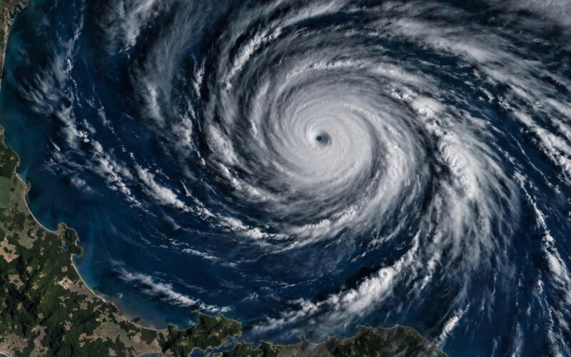 Satellite view of powerful hurricane swirling over ocean near coastline