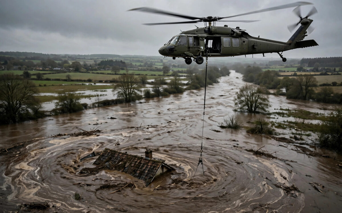 A military rescue helicopter hovering over muddy floodwaters, a winch cable extending toward a partially submerged rooftop.