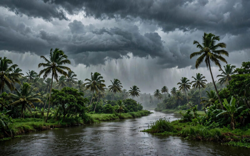 Heavy monsoon rain clouds over a lush Kerala backwater landscape