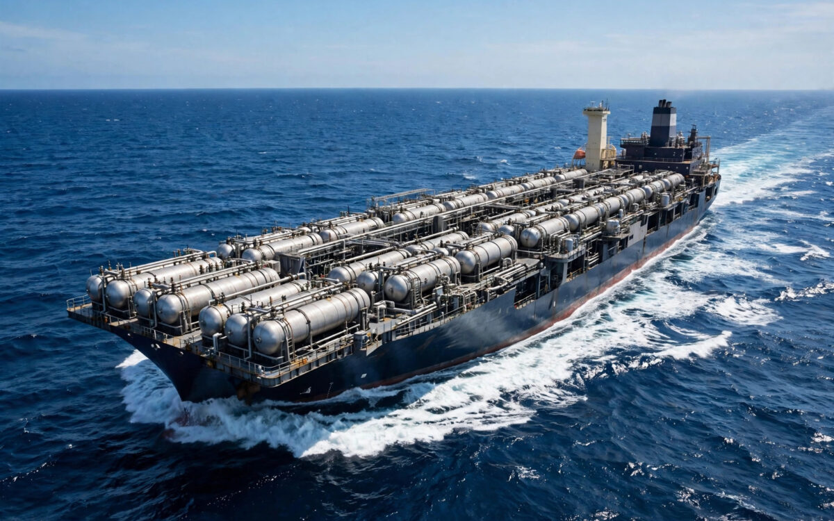 A very large gas carrier ship with cylindrical pressurized tanks on deck sailing on the open ocean.
