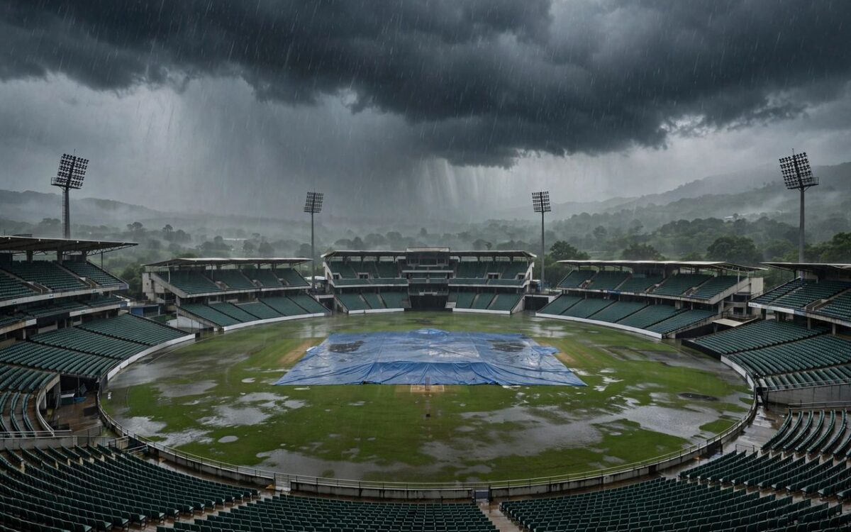 Cricket stadium under dark monsoon clouds with wet outfield