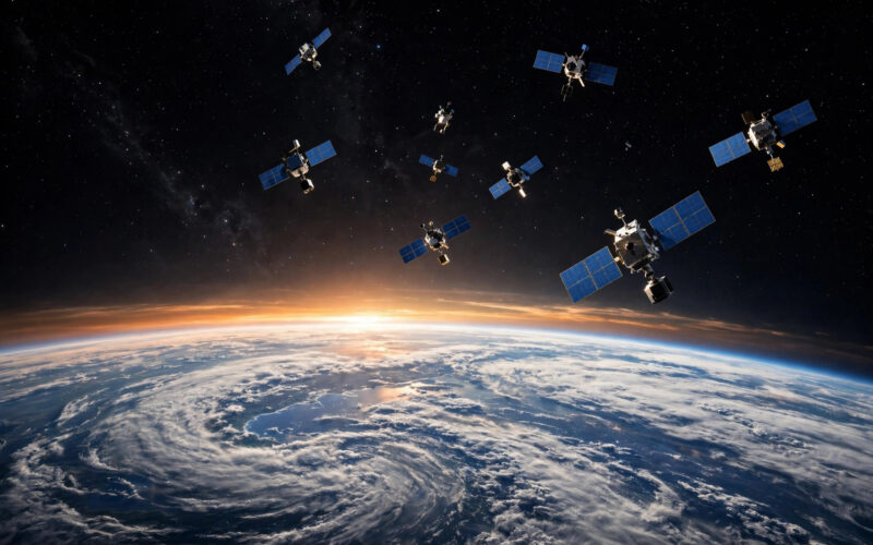 Small Earth-observation satellites with solar panels orbiting above the curve of the Earth at sunrise.