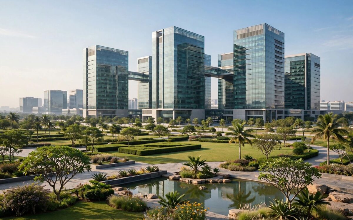 Modern glass office building in an Indian technology hub with people walking by