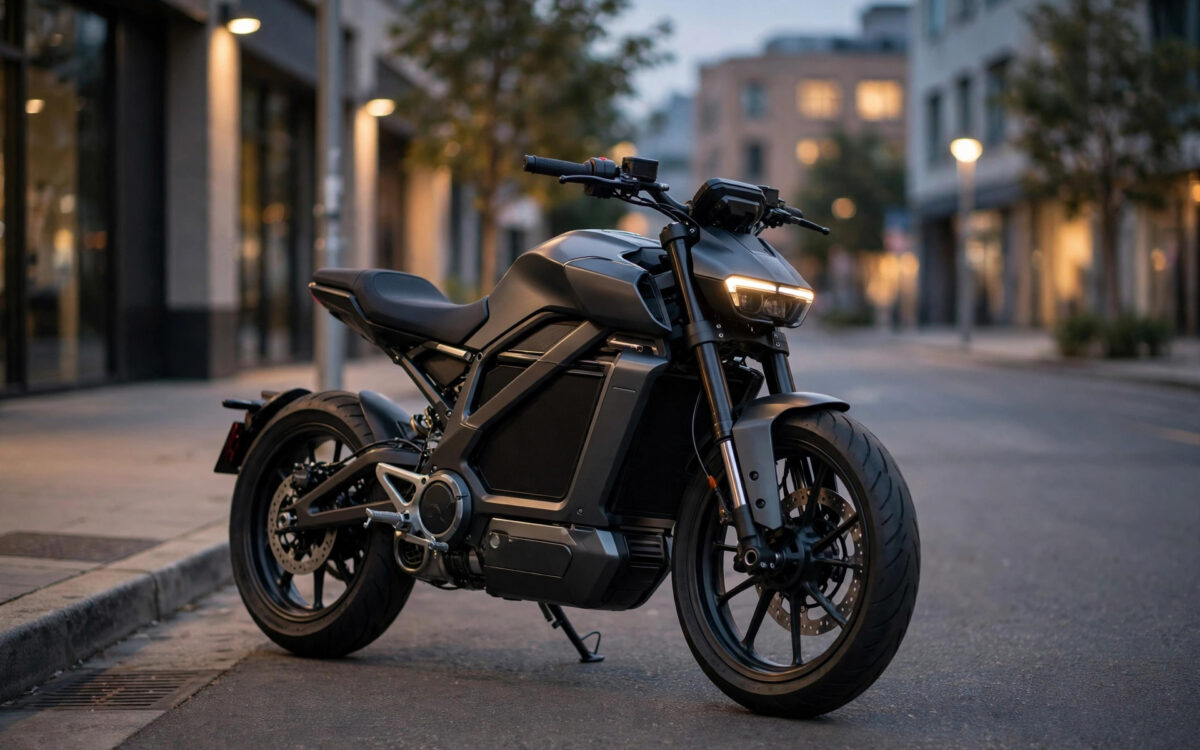 A modern electric motorcycle parked on a street in Bengaluru at dusk, representing EV startup Ultraviolette's record funding round.