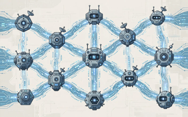 Editorial illustration of autonomous AI bot networks spreading influence across social media platforms