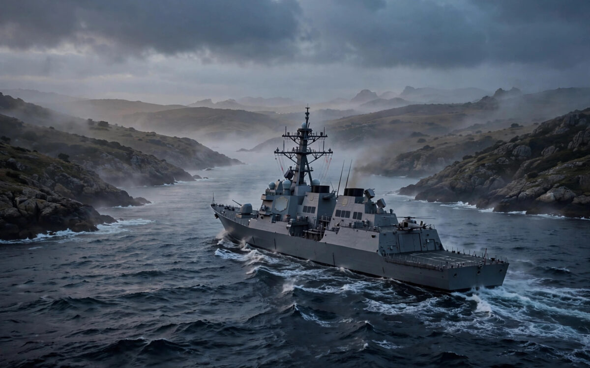 A naval warship patrolling a narrow sea strait at dusk, with a rocky coastline on the horizon.
