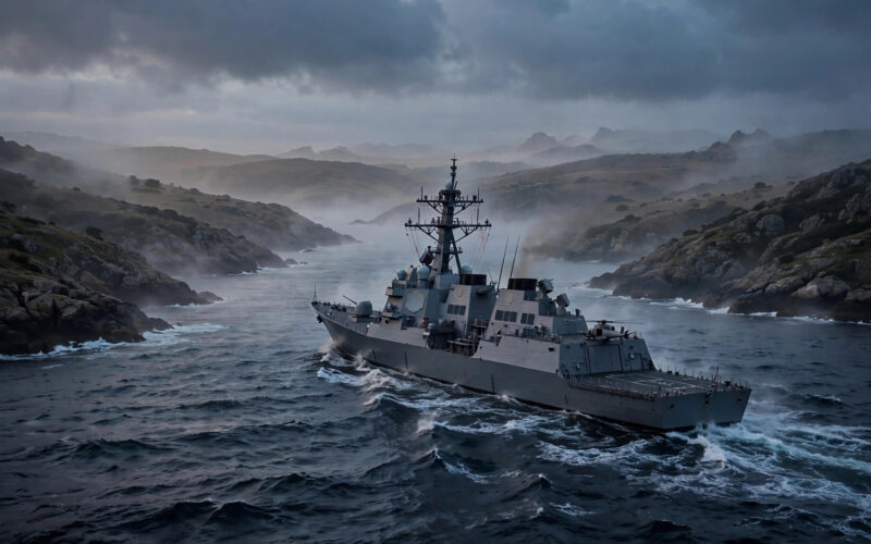 A naval warship patrolling a narrow sea strait at dusk, with a rocky coastline on the horizon.
