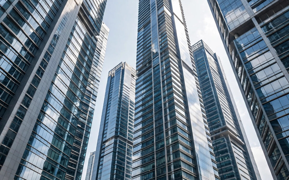 Glass-and-steel corporate office towers in an Indian financial district under a bright daytime sky.