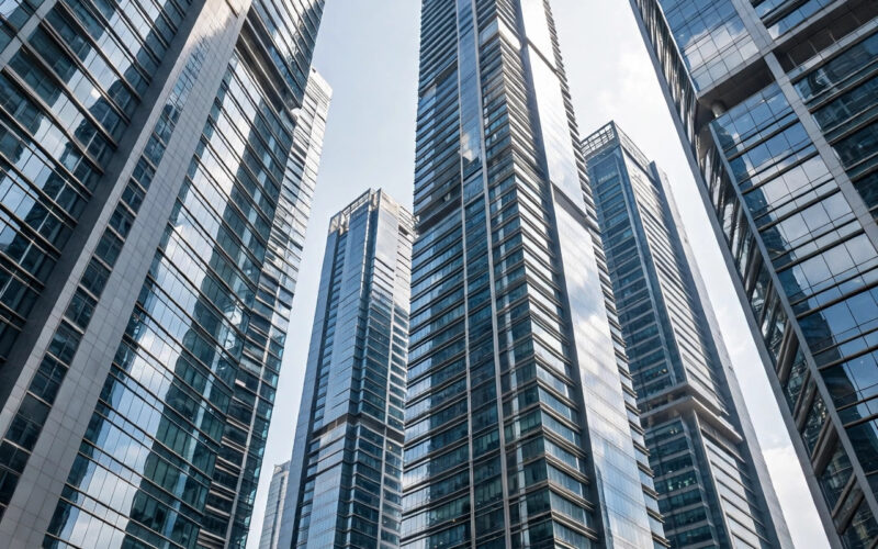 Glass-and-steel corporate office towers in an Indian financial district under a bright daytime sky.