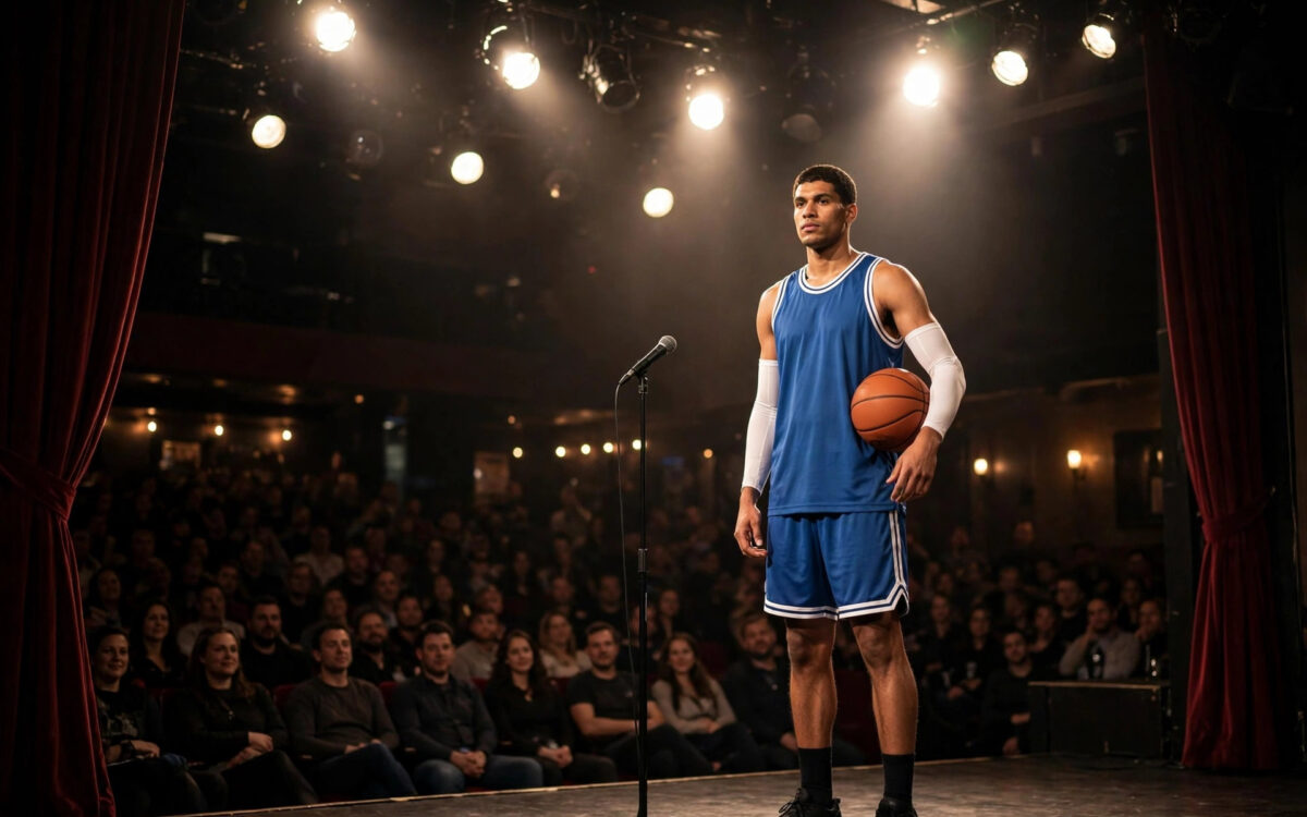 Illustration of a basketball star hosting a late-night comedy stage show with his teammates