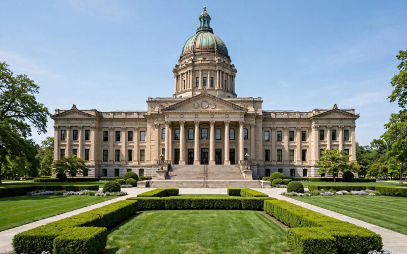 The exterior of a legislative assembly building on a clear day.